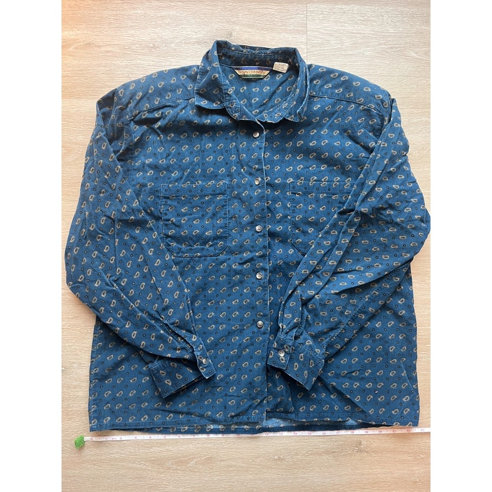 Bryn Connelly Corduroy Shirt Womens 16 Blue Paisley Button Front Pockets Outdoor